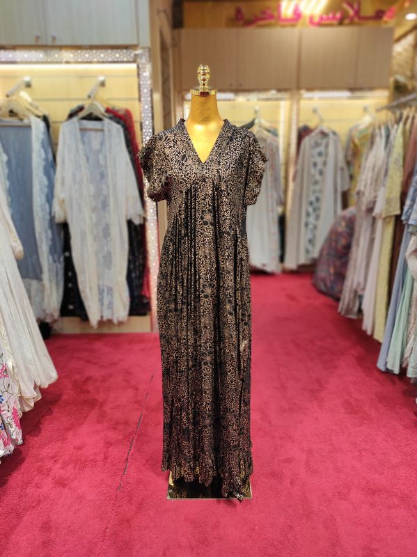 L/XL Amani Black And Good Printed Cotton Dress 57" Long Jalabiya