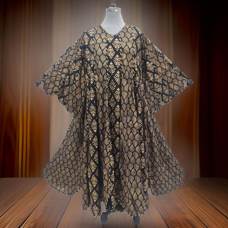 XS/S Meher Black Gold Printed Cotton Dress 54" Long Jalabiya