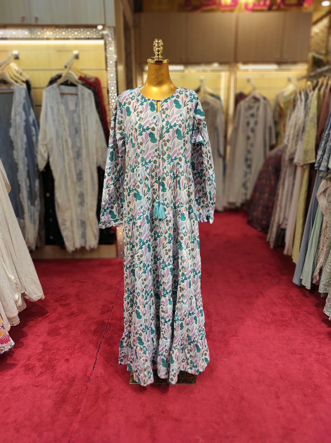 S/M Razia Blue Printed Cotton Dress 57" Long Jalabiya