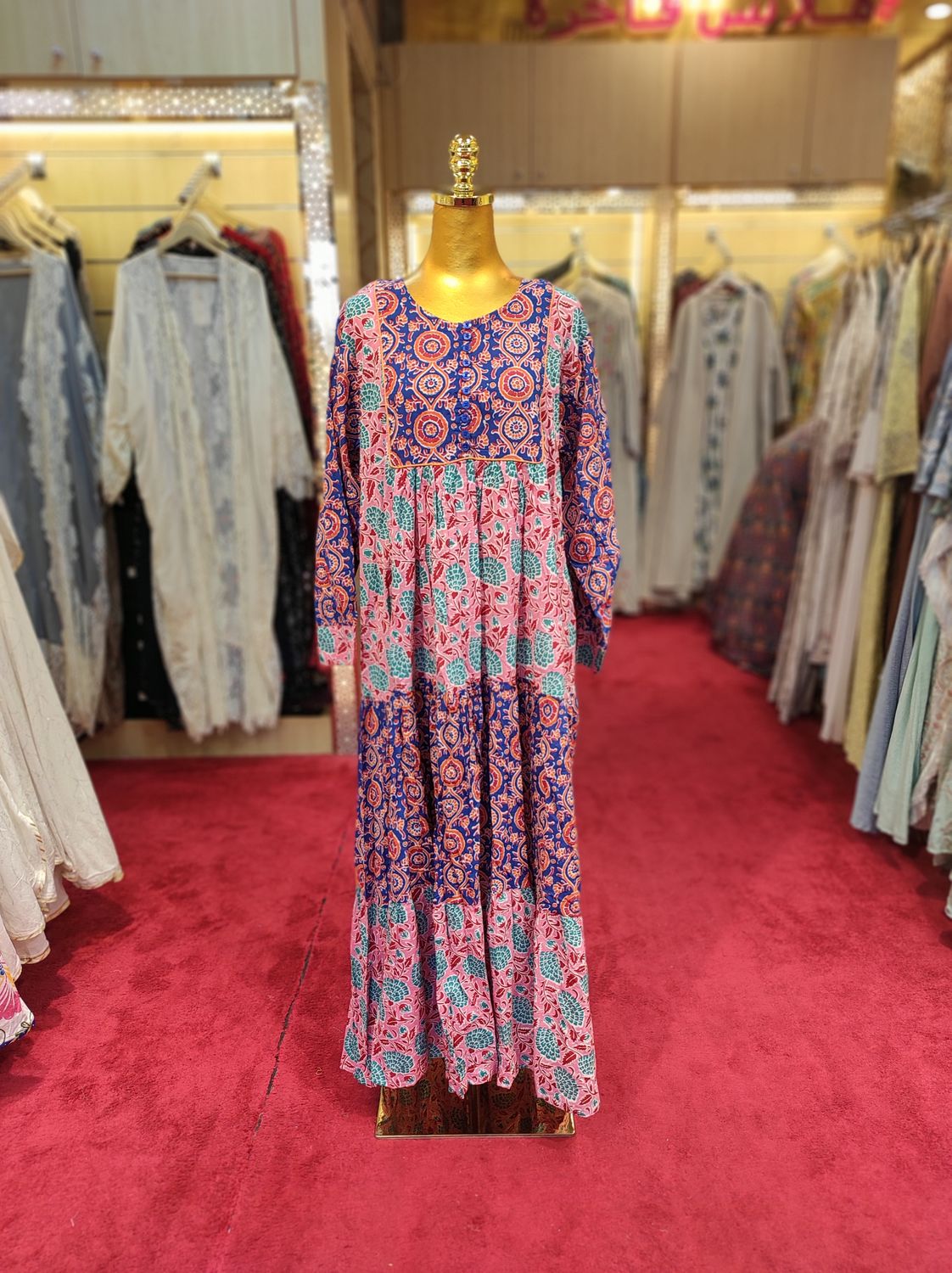 L/XL Yumna Printed Cotton Dress 56" Long Jalabiya