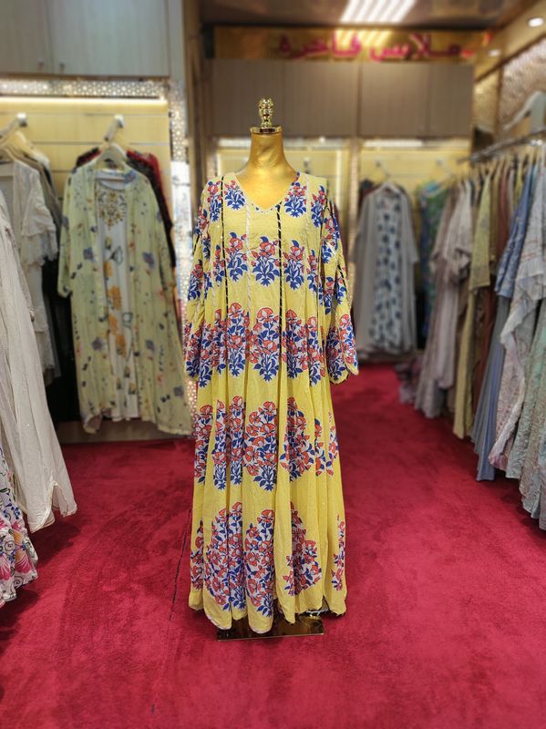 S/M Meher Crystal Multi Printed Cotton Dress 57" Long Jalabiya