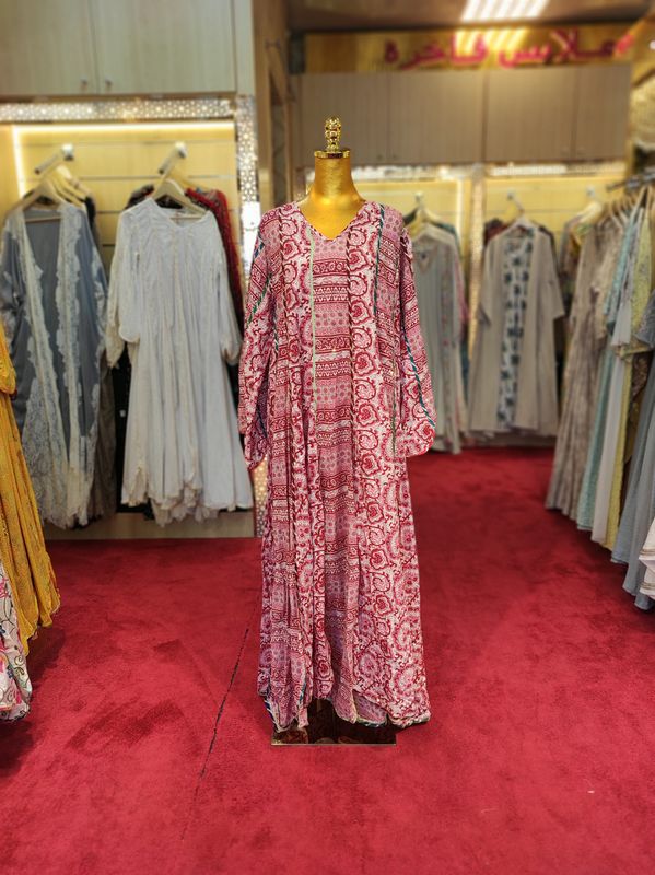 L/XL Meher Crystal Multi Printed Cotton Dress 57" Long Jalabiya