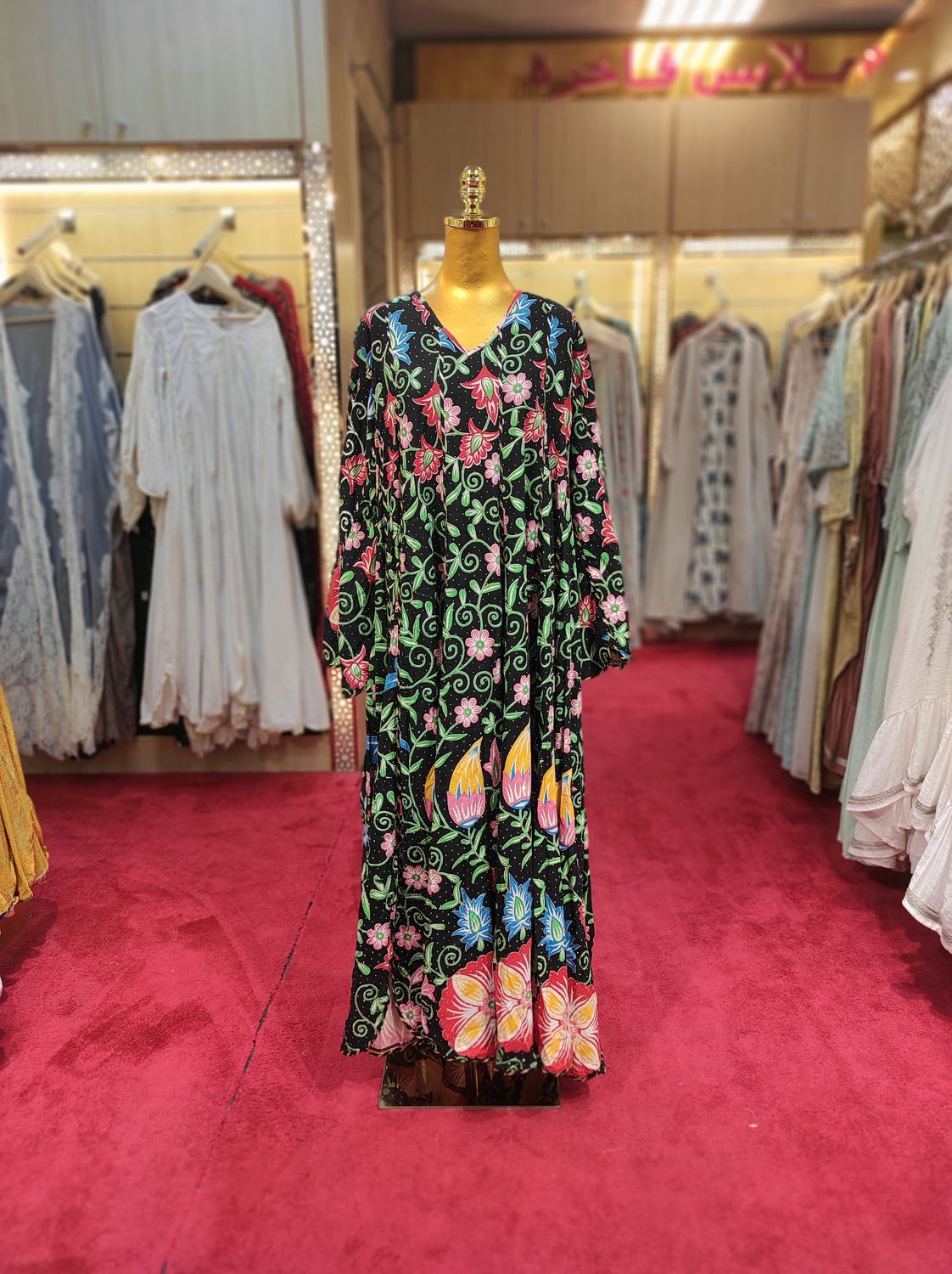 L/XL Meher Crystal Black Multi Printed Cotton Dress 57" Long Jalabiya