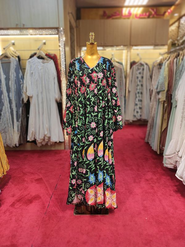 L/XL Meher Crystal Black Multi Printed Cotton Dress 57" Long Jalabiya