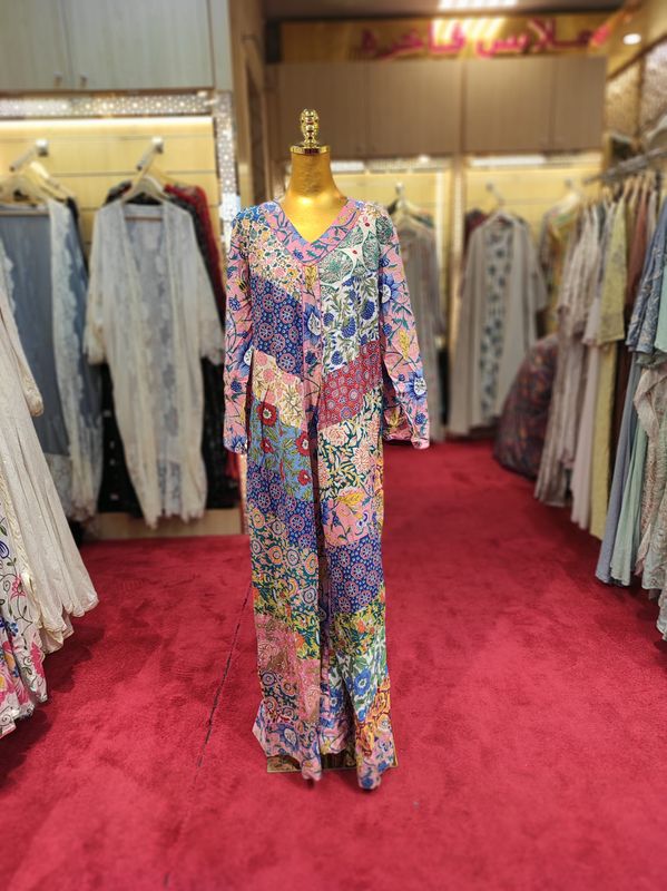 L/XL Zeina Multi Printed Cotton Dress 57" Long Jalabiya