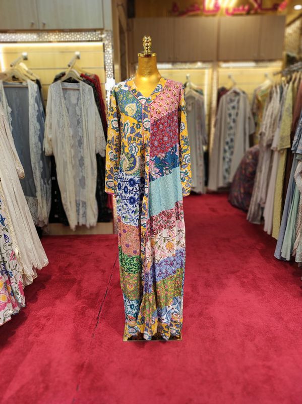 S/M Zeina Multi Printed Cotton Dress 57" Long Jalabiya