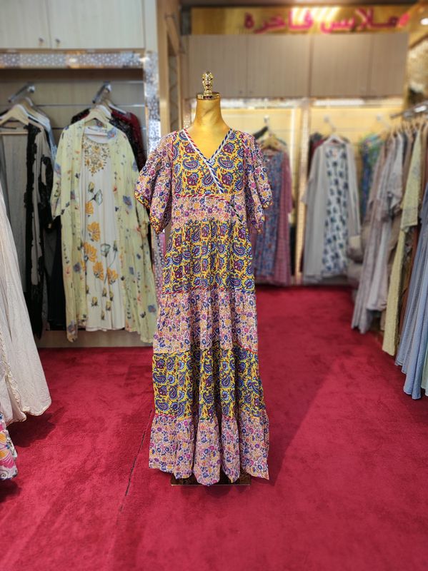 L/XL Dahlia Printed Cotton Dress 57" Long Jalabiya