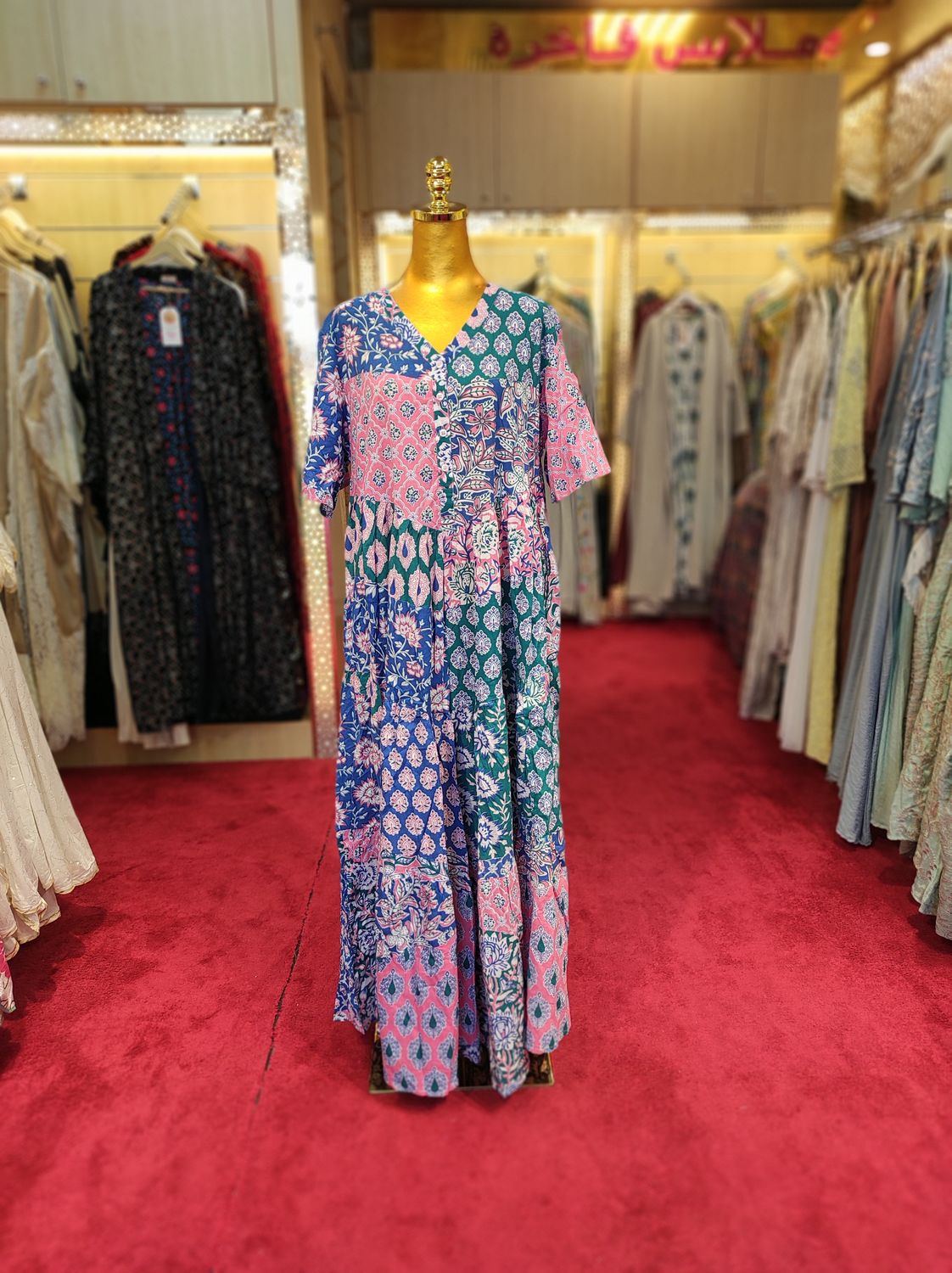 L/XL Zaib Multi Printed Cotton Dress 57" Short Sleeves Jalabiya