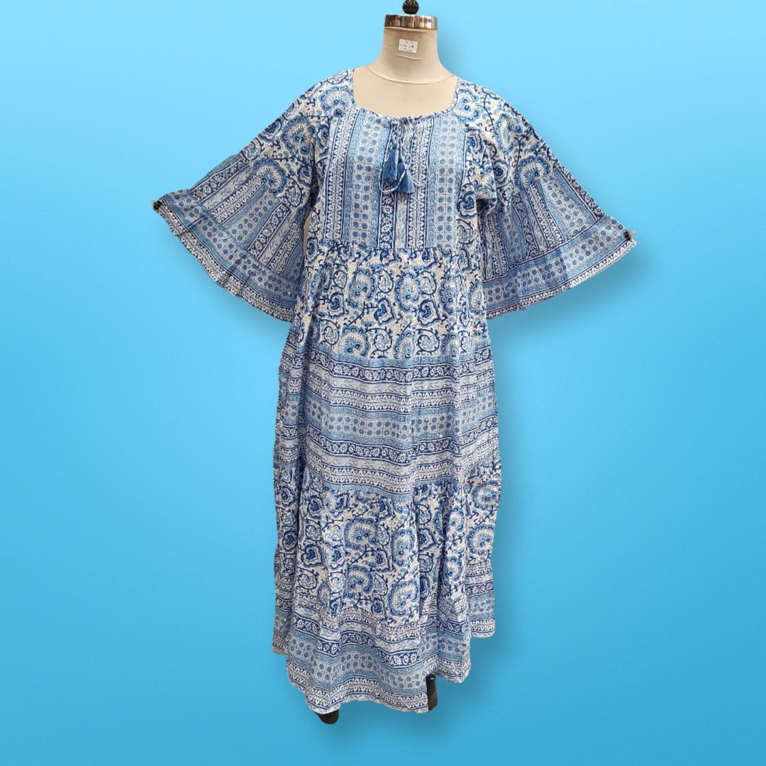 2XL/3XL Gaby Crystal Blue Printed Dress 57" Long Jalabiya
