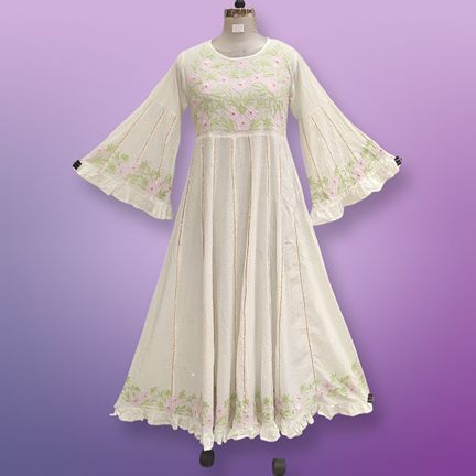 S/M Yaqu Crystal Embroidery White Cotton Dress 57" Long Jalabiya