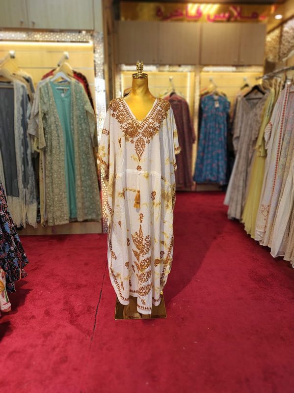 Free Size Farasha Embroidery Kaftan Cotton Dress 57" Long