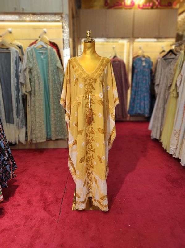 Free Size Farasha Embroidery Kaftan Cotton Dress 57" Long