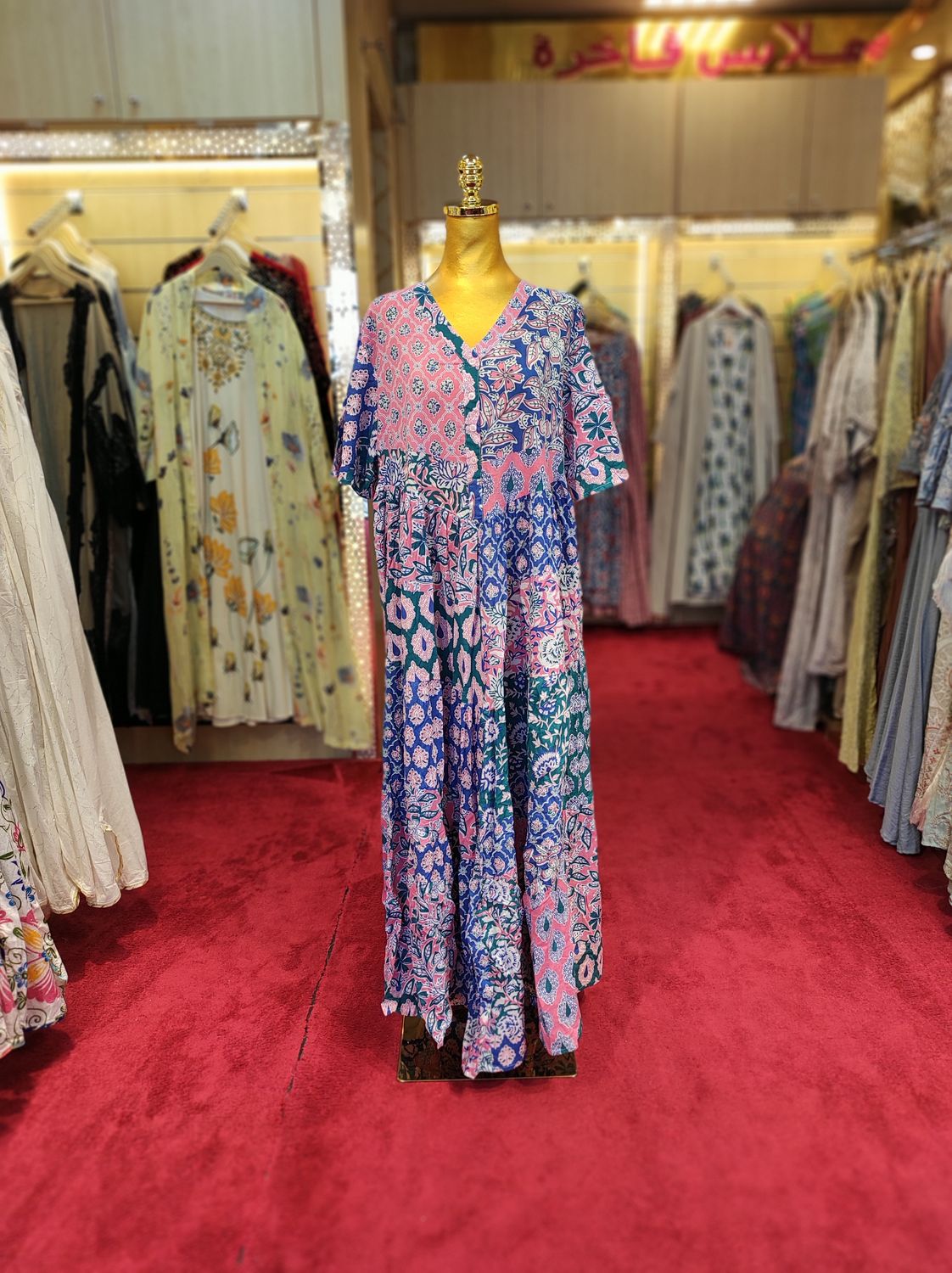 L/XL Zaib Multi Printed Cotton Dress 57" Short Sleeves Jalabiya