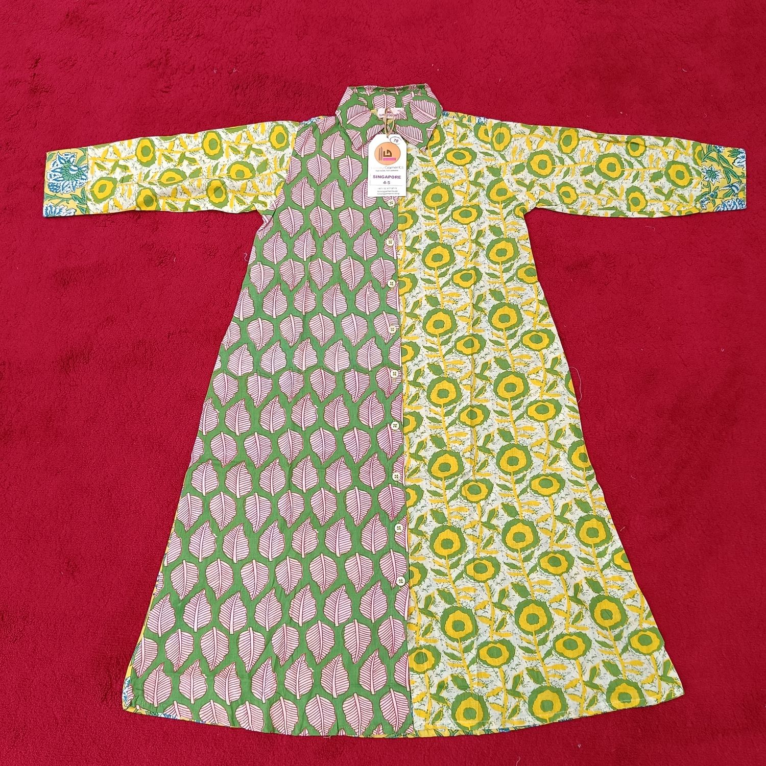 4-5 Year Singapore Yellow Printed Cotton Girls Dress 34" Long Jalabiya