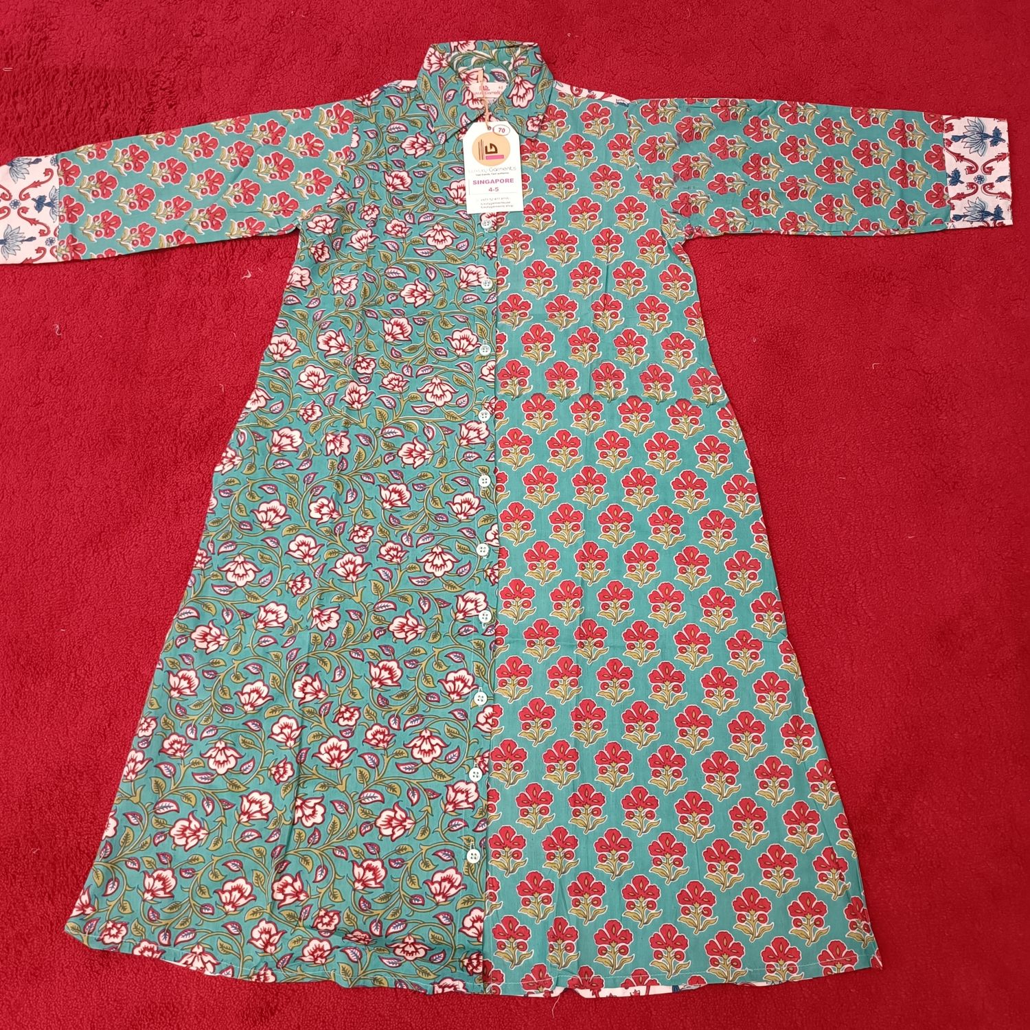 4-5 Year Singapore  Printed Green Cotton Girls Dress 35" Long Jalabiya