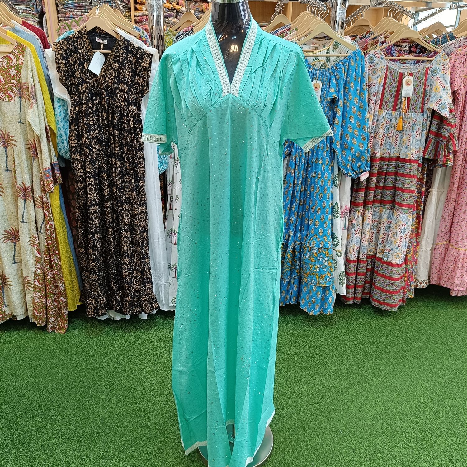 L/XL Jasiba Crystal Aqua Plain Solid Cotton Dress 57" Long Jalabiya