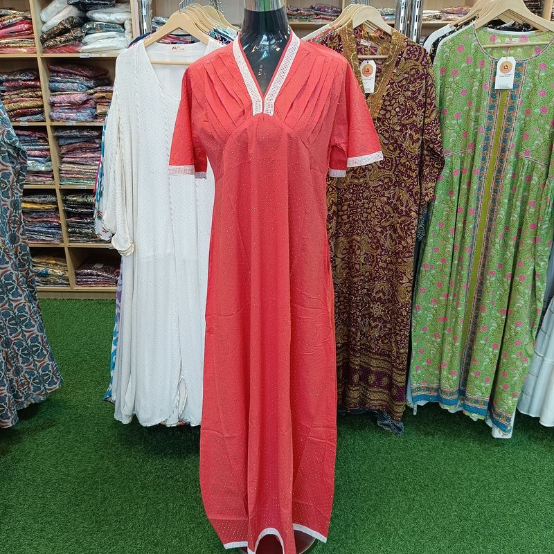 S/M Jasiba Crystal Red Plain Solid Cotton Dress 57" Long Jalabiya