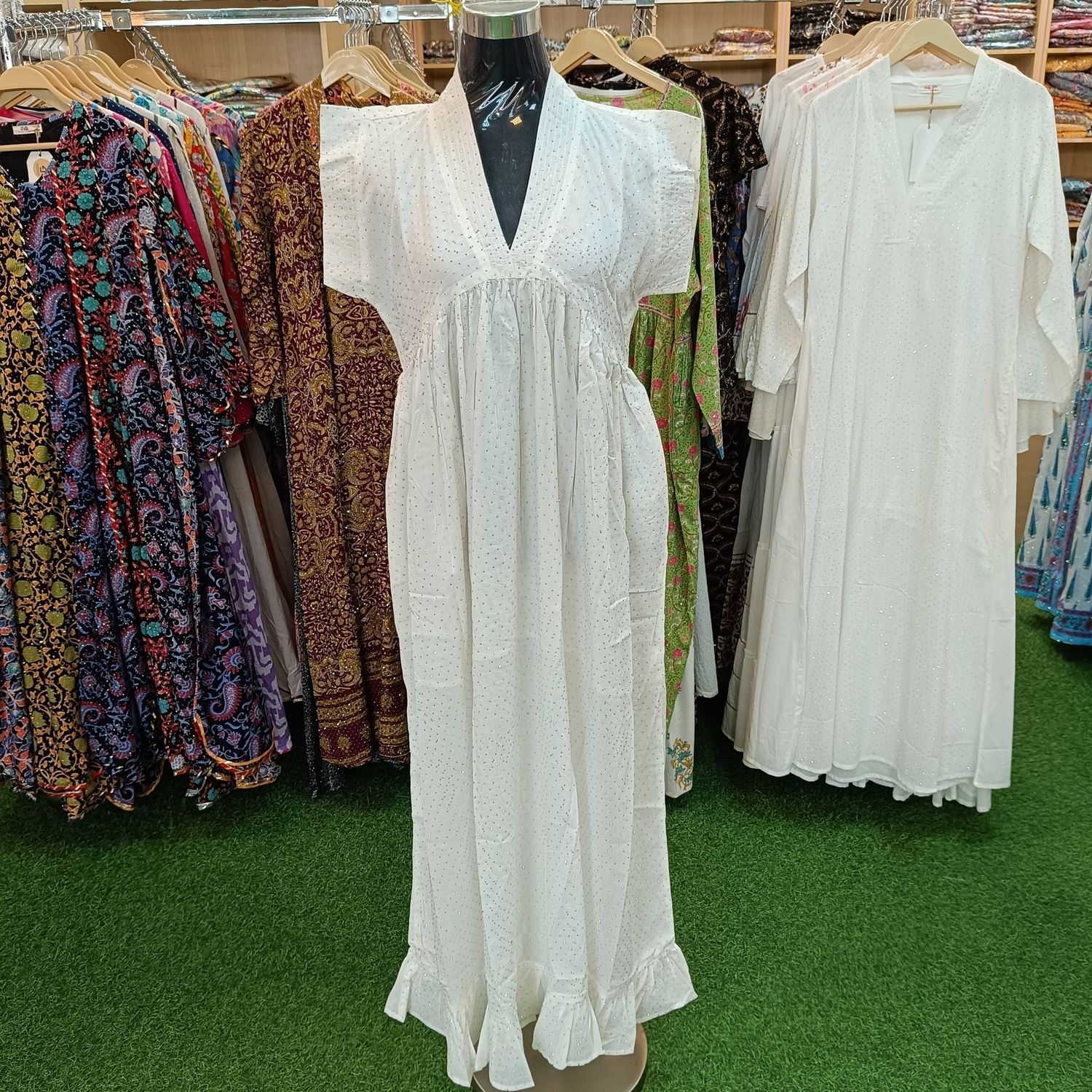 XS/S Amani Crystal White Cotton Dress 54" Short Sleeves Jalabiya