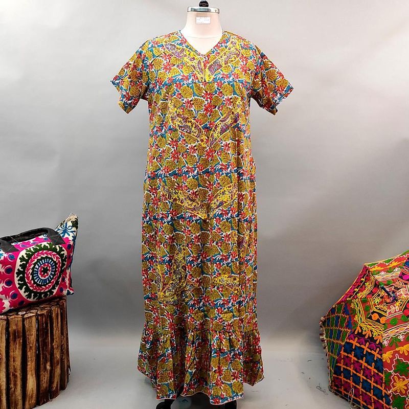 2XL/3XL Junaira Printed Cotton Dress 57" Short Sleeves Jalabiya