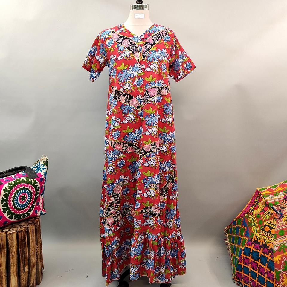 S/M Junaira Printed Cotton Dress 57" Short Sleeves Jalabiya