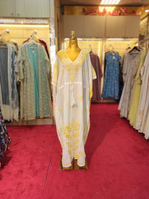 Free Size Farasha Embroidery Kaftan Cotton Dress 57" Long