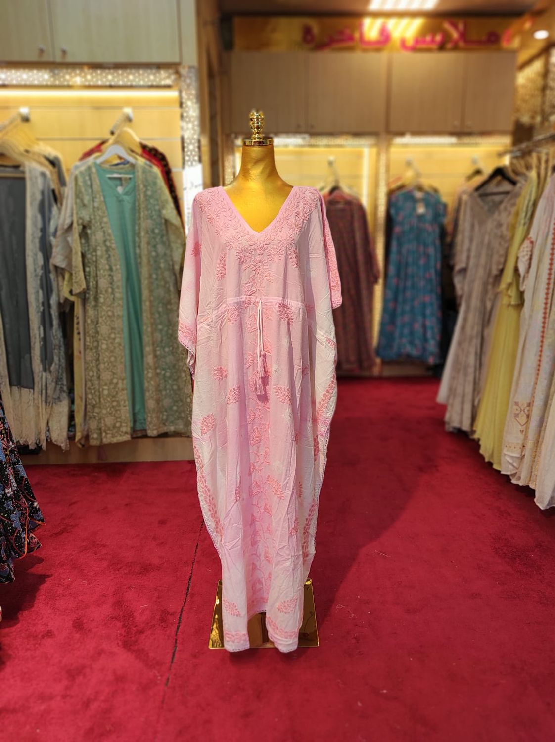 Free Size Farasha Embroidery Kaftan Cotton Dress 57" Long