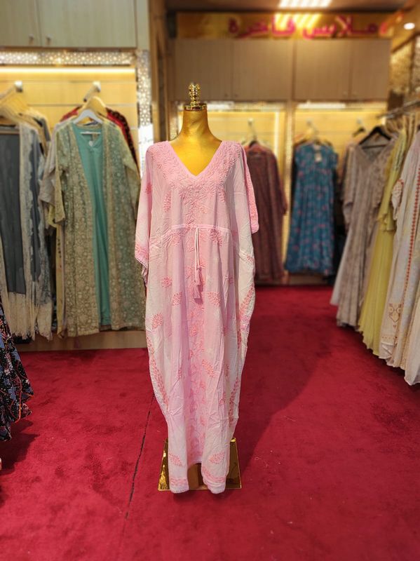 Free Size Farasha Embroidery Kaftan Cotton Dress 57" Long