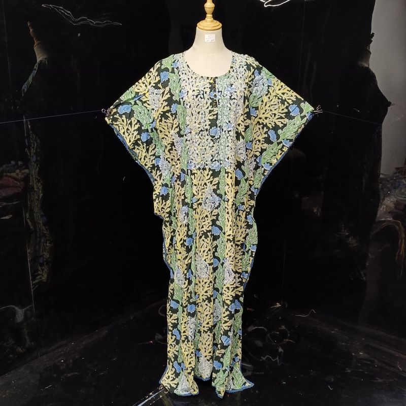 Free Size Farasha Embroidery Kaftan Cotton Dress 57" Long