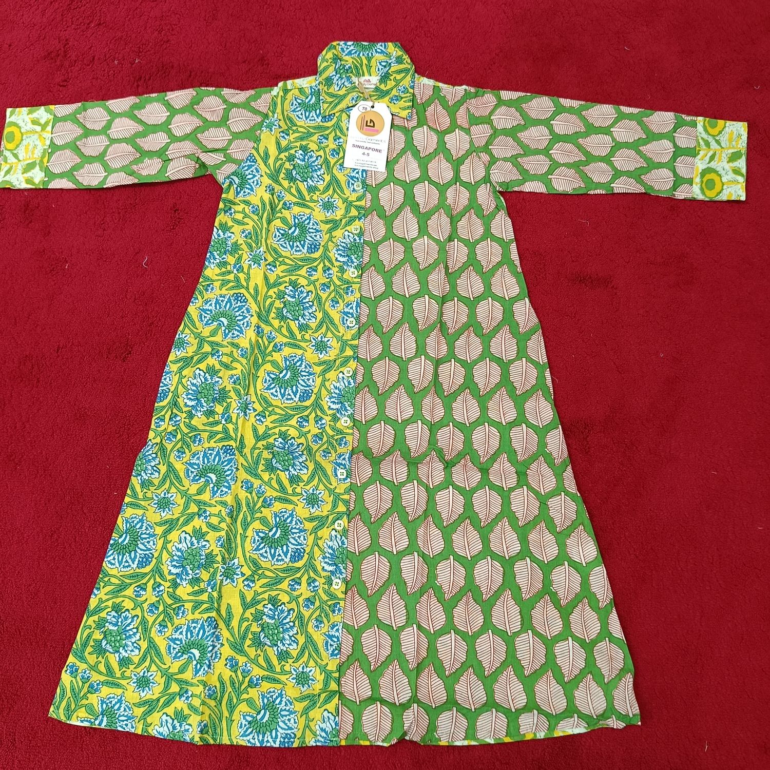 4-5 Year Singapore Yellow Printed Cotton Girls Dress 34" Long Jalabiya