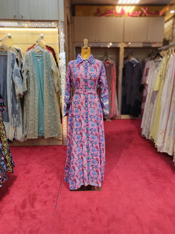 S/M Tansy Printed Cotton Jalabiya Dress 57" Long