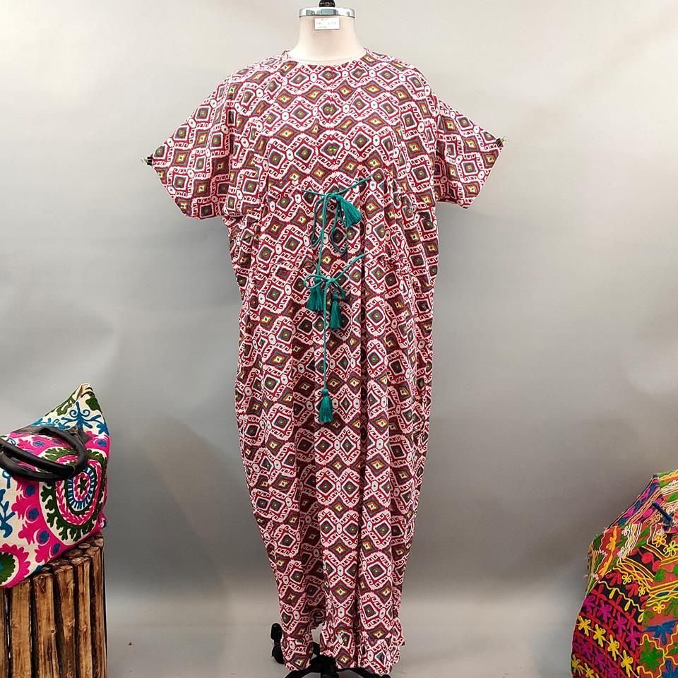 Free Size Farasha Printed Kaftan Cotton Dress 57" Long Jalabiya