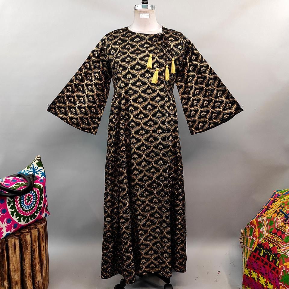 L/XL Cindrella Crystal Black Golden Printed Cotton Dress 56" Long Jalabiya