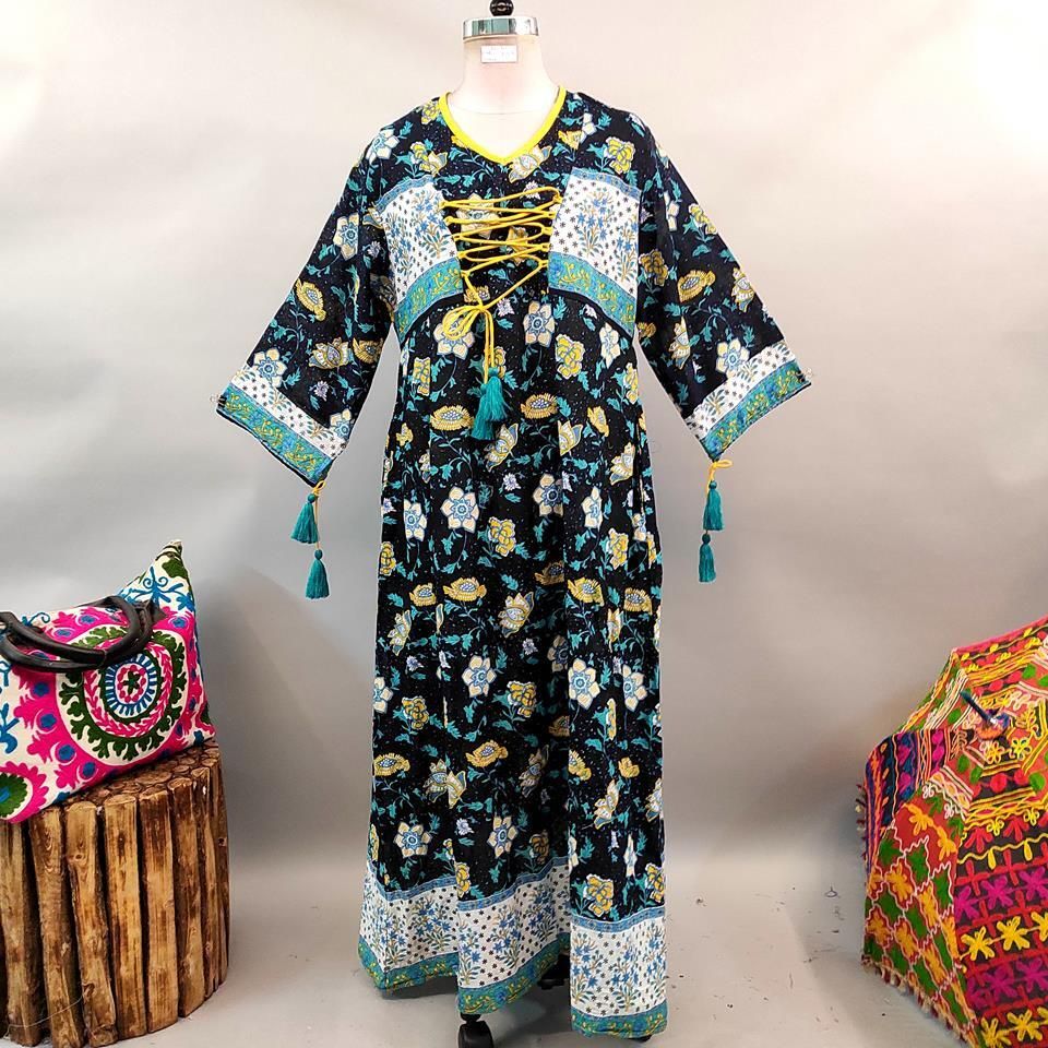 2XL/3XL Saeda Printed Cotton Dress 57" Long Jalabiya