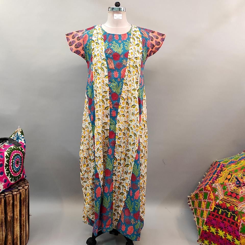 L/XL Zabi Printed Cotton Dress 56" Short Sleeves Jalabiya