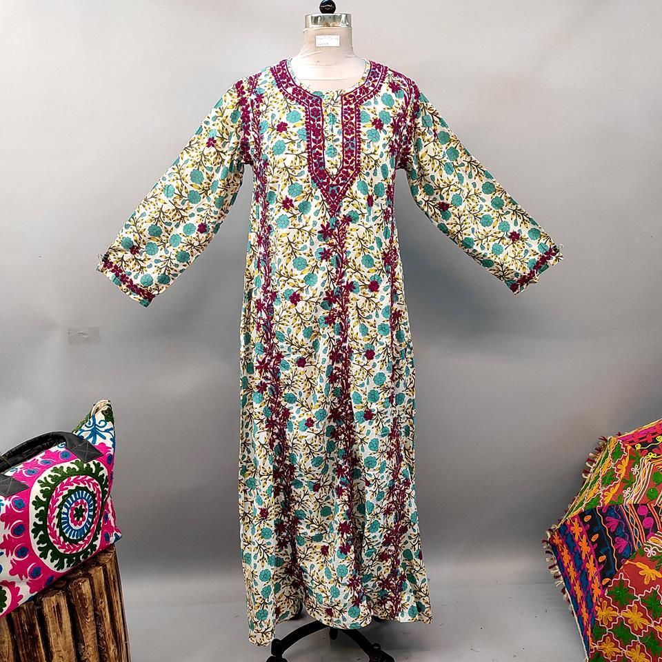 S/M Kafia Embroidery Printed Cotton Dress 56" Long Jalabiya