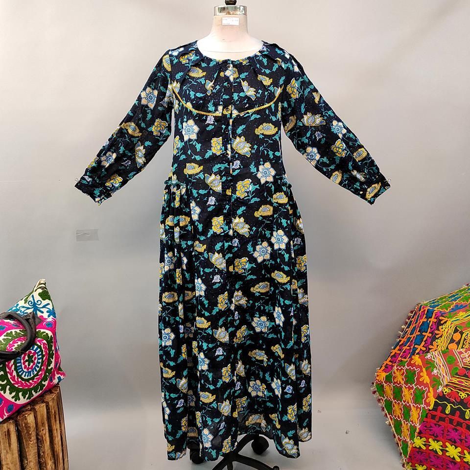 XS/S Umama Black Printed Cotton Dress 54" Long Jalabiya