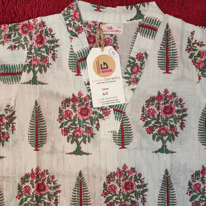 4-5 Year Teena Printed Cotton Girls Dress 34" Long Jalabiya