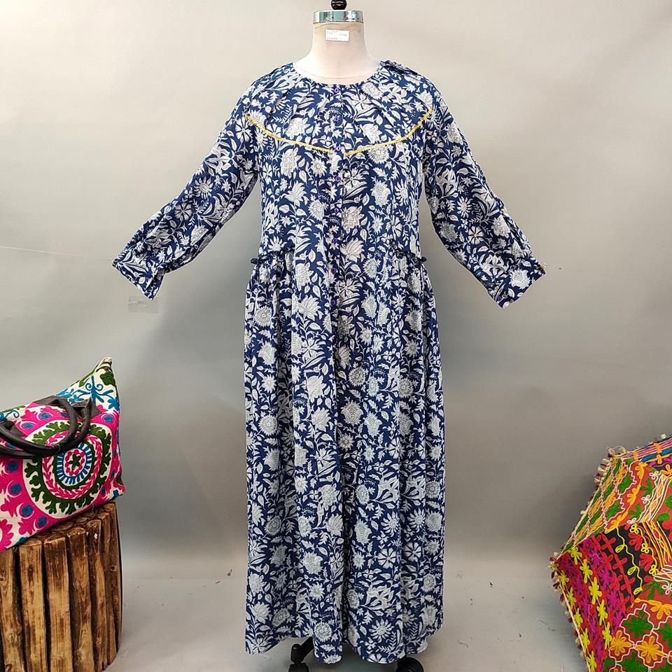 L/XL Umama Printed Cotton Dress 56" Long Jalabiya