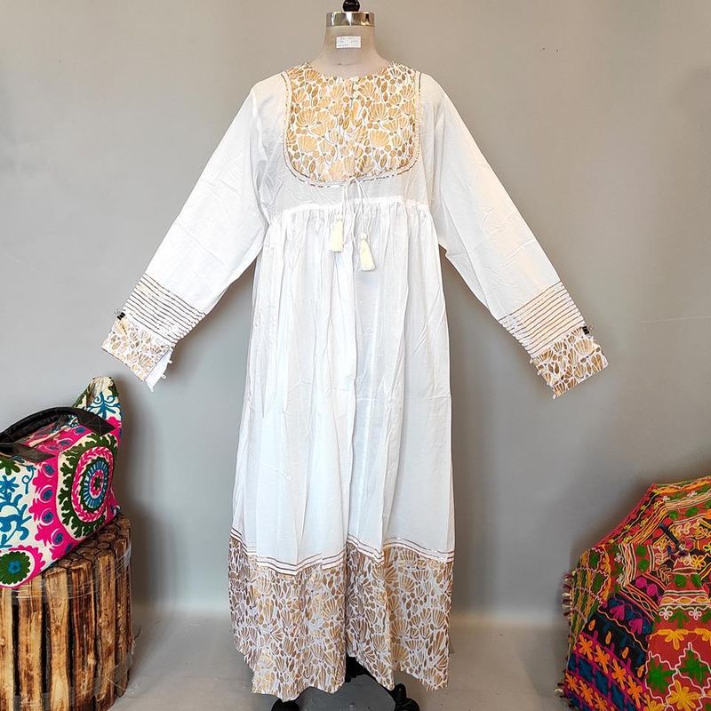 2XL/3XL Bahisa White Golden Cotton Dress 57" Long Jalabiya