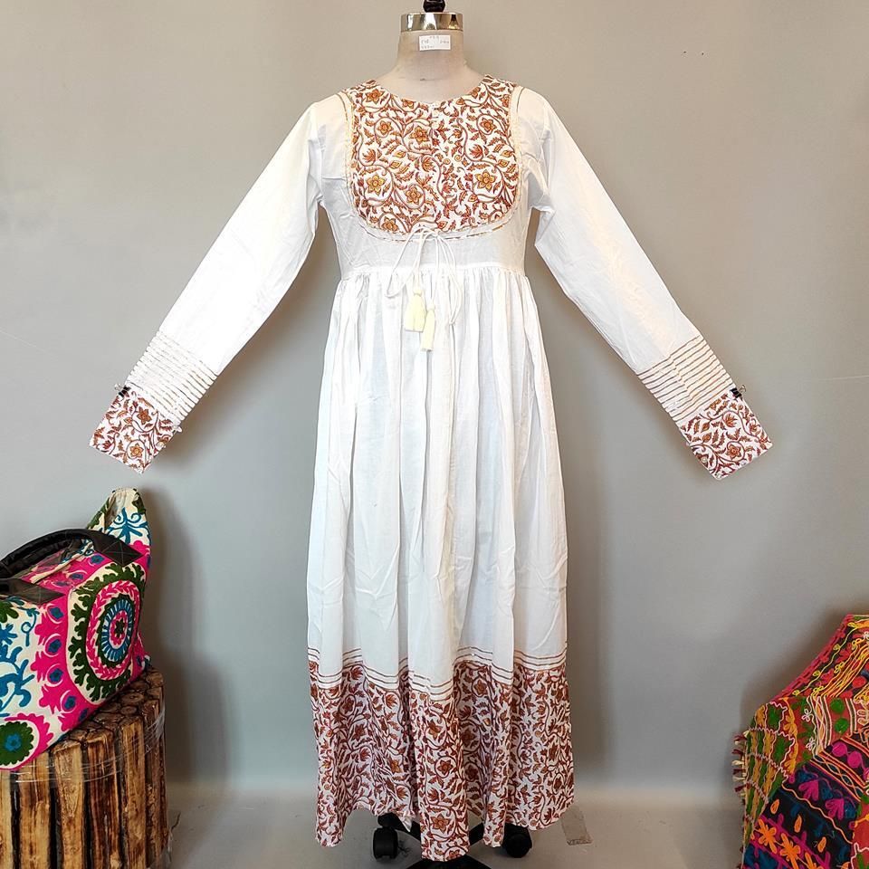 XS/S Bahisa White Golden Cotton Dress 54" Long Jalabiya