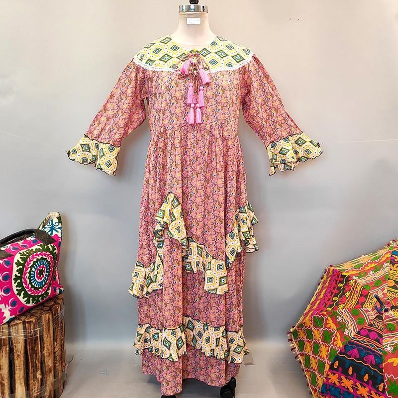 L/XL Mirha Printed Cotton Dress 57" Long Jalabiya
