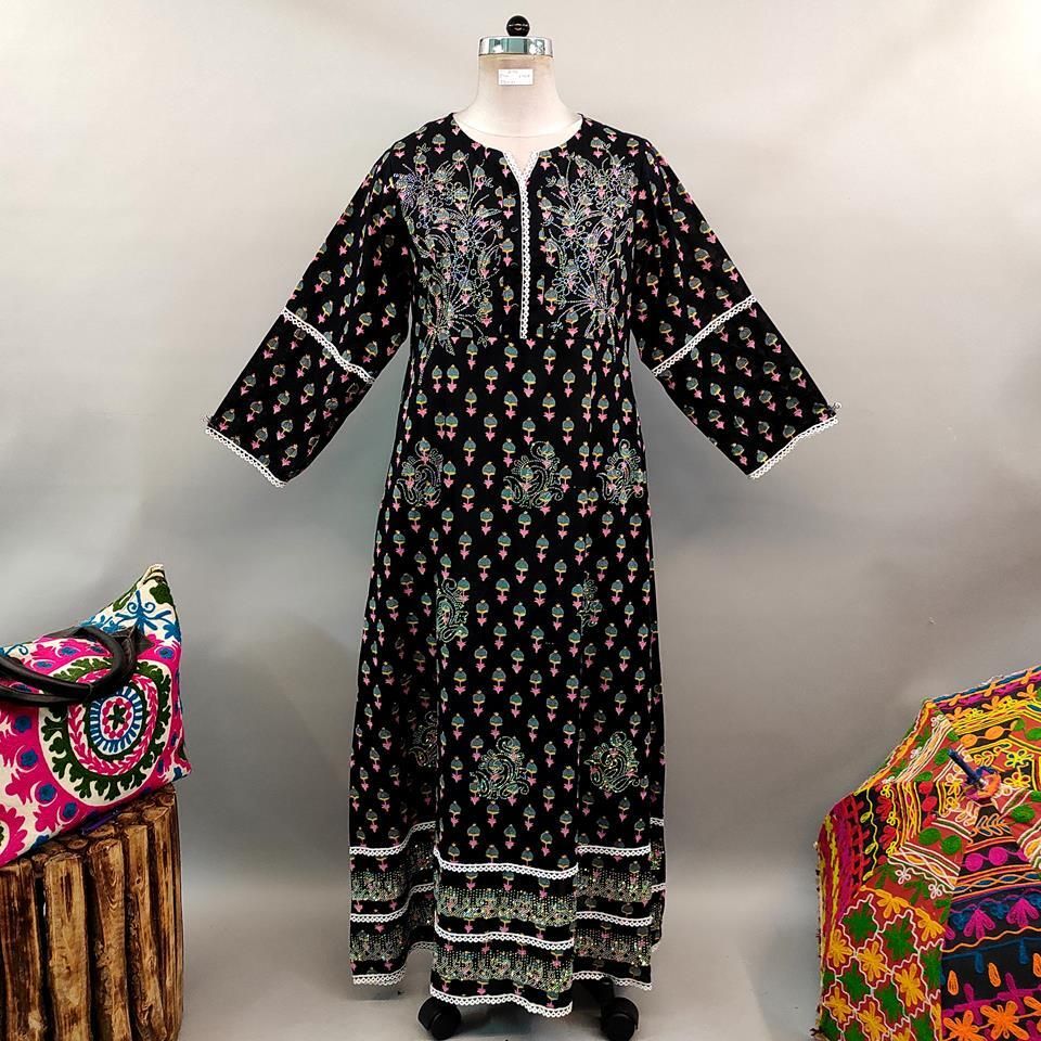 L/XL Fagira Crystal Black Printed Cotton Dress 57"Long Jalebiya