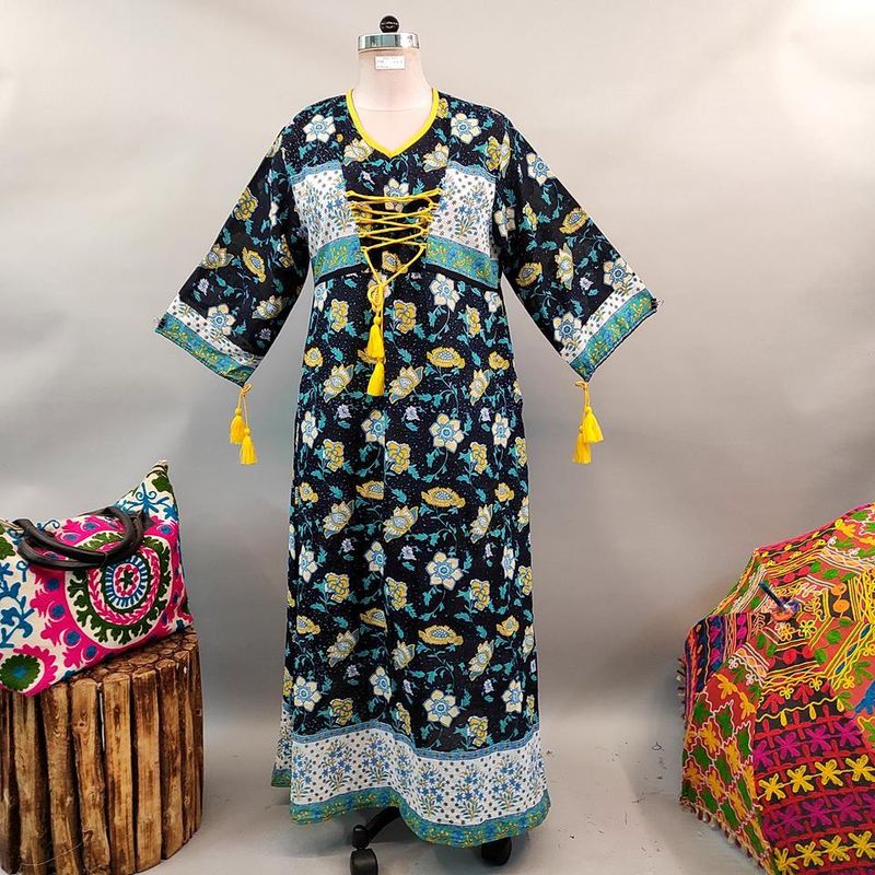 2XL/3XL Saeda Printed Cotton Dress 57" Long Jalabiya