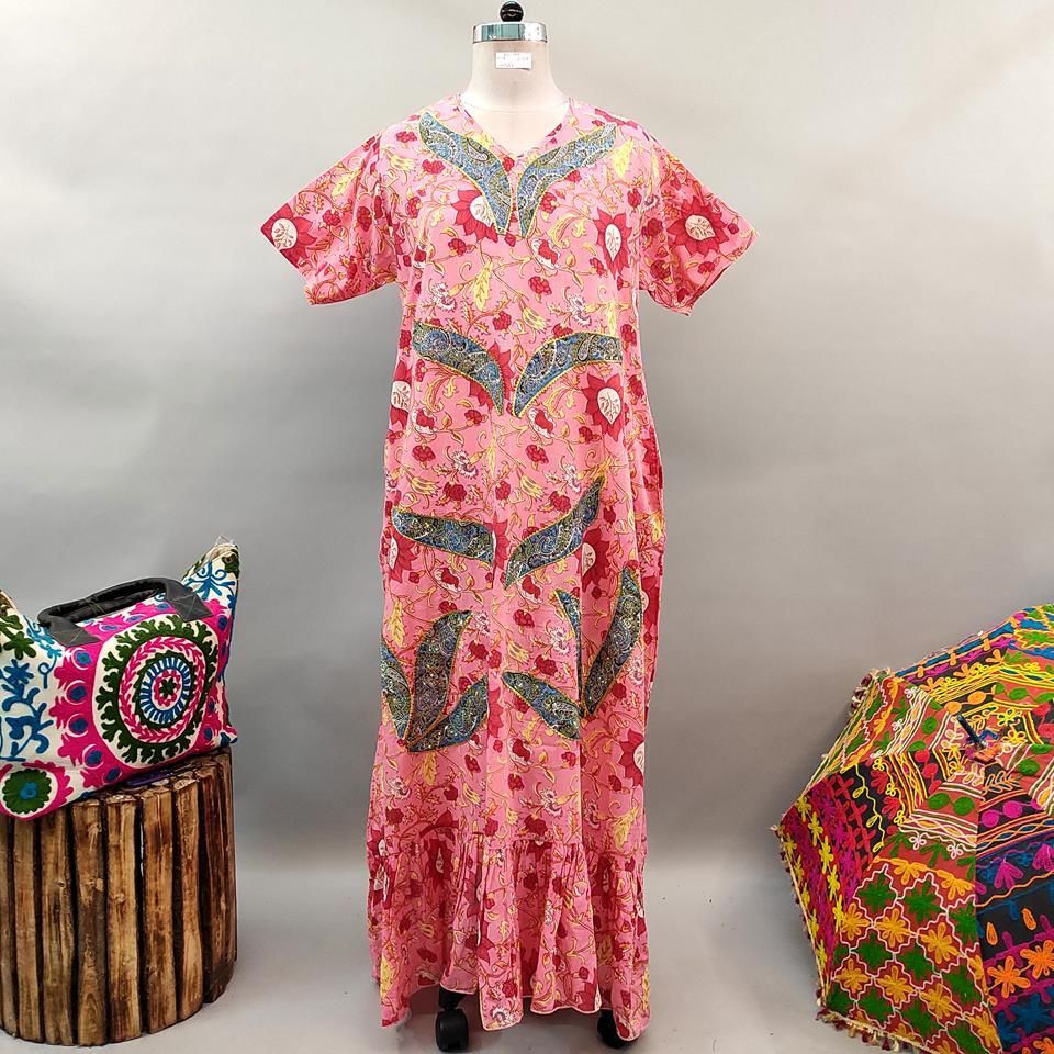 2XL/3XL Junaira Printed Cotton Dress 57" Short Sleeves Jalabiya