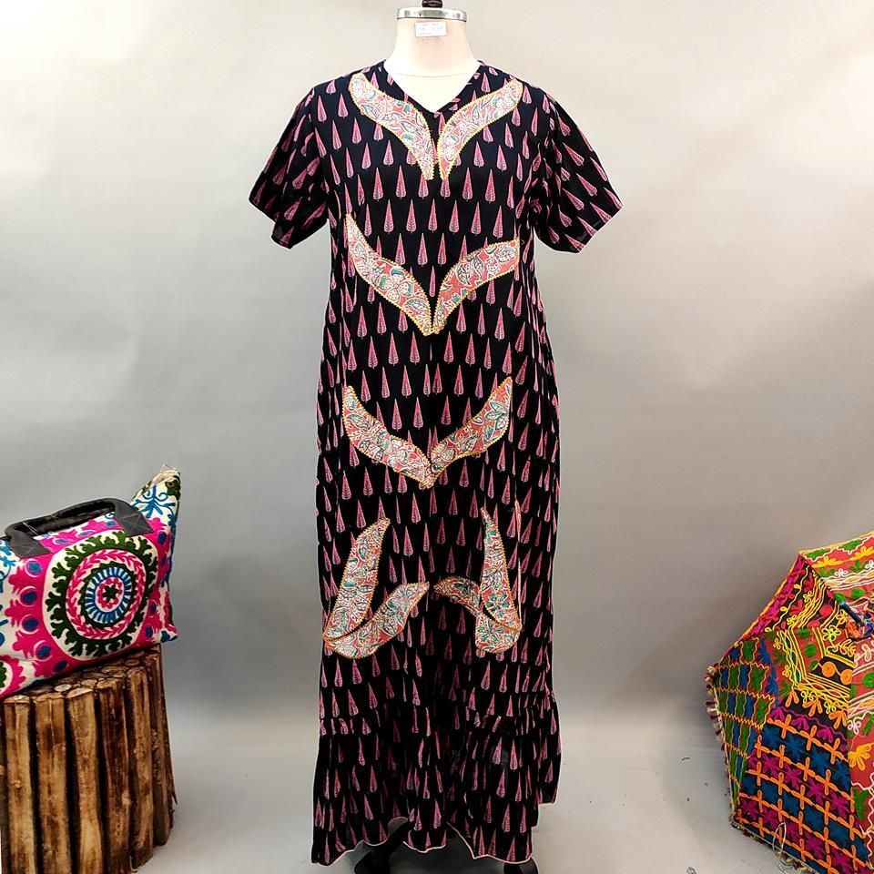 2XL/3XL Junaira Black Printed Cotton Dress 57" Short Sleeves Jalabiya