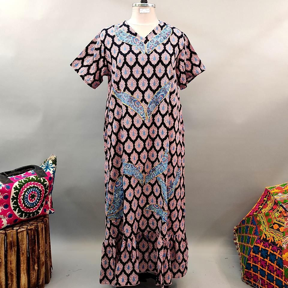 2XL/3XL Junaira Printed Cotton Dress 57" Short Sleeves Jalabiya