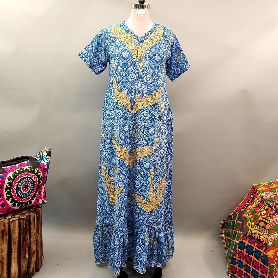 S/M Junaira Printed Cotton Dress 57" Short Sleeves Jalabiya