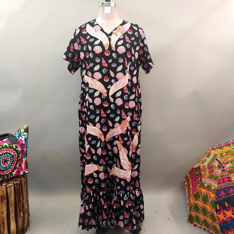 2XL/3XL Junaira Black Printed Cotton Dress 57" Short Sleeves Jalabiya