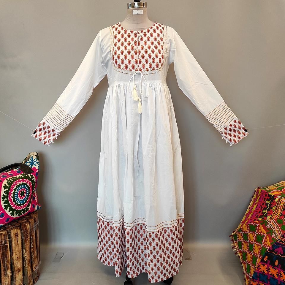 S/M Bahisa White Golden Cotton Dress 57" Long Jalabiya