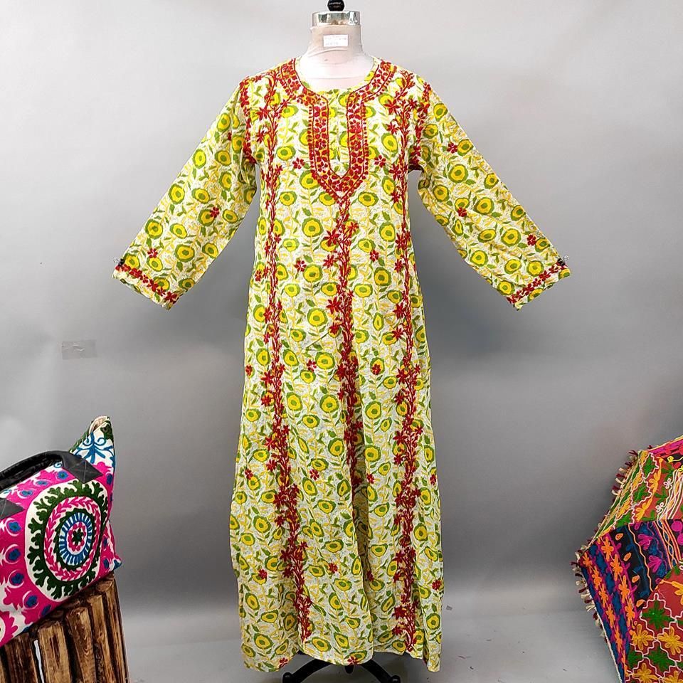 S/M Kafia Embroidery Printed Cotton Dress 56" Long Jalabiya